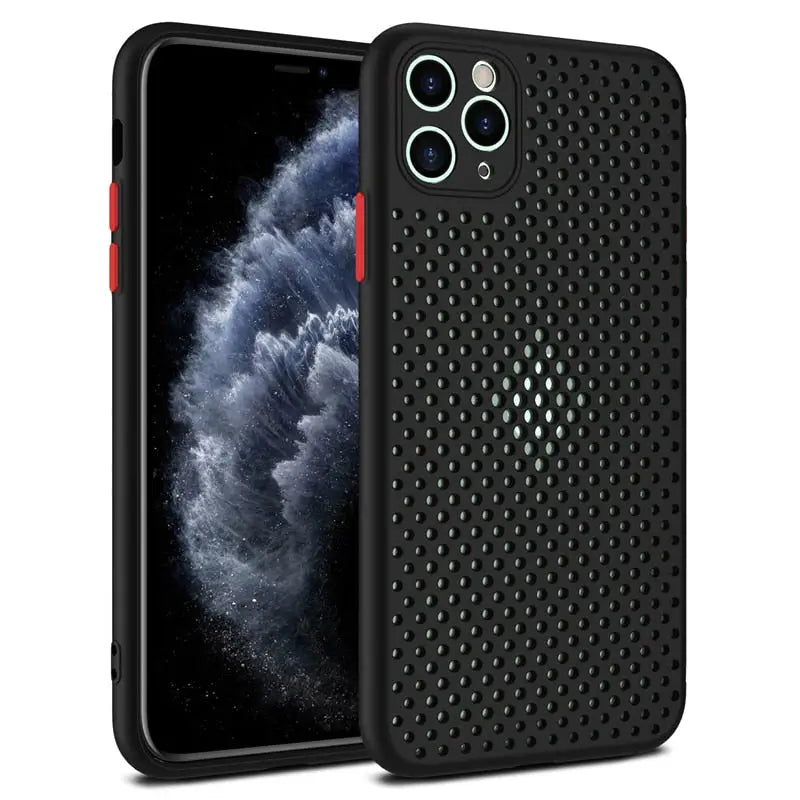 the back of a black iphone case with a red ring around it