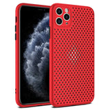the red iphone 11 case is shown with a perforsant pattern