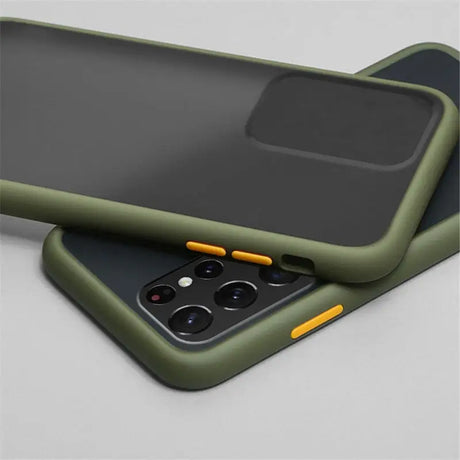 the back of a green iphone case with a yellow handle