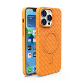 the back of an orange iphone case with a phone holder