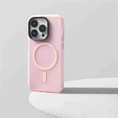 The iphone 11 case is a pink, with a circular design