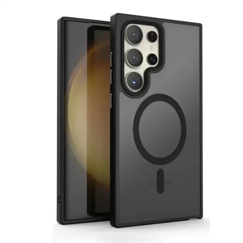the back of the iphone 11 pro case with a black frame and a black ring