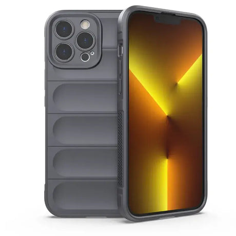 The iphone 11 pro case is shown in a grey case with a yellow light coming from the back