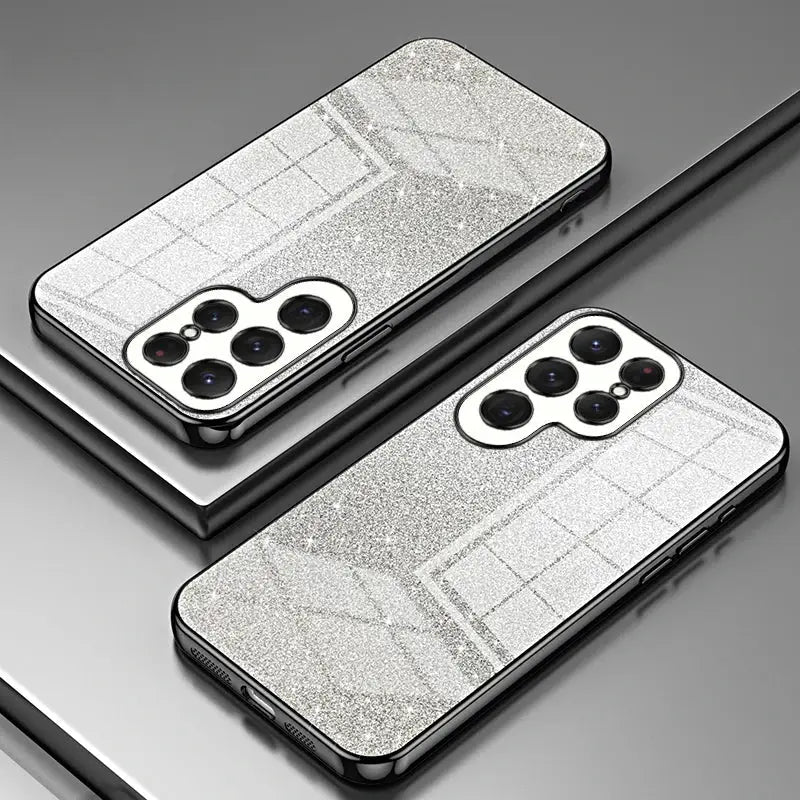 the back and front of the iphone 11 pro with a silver glitter case