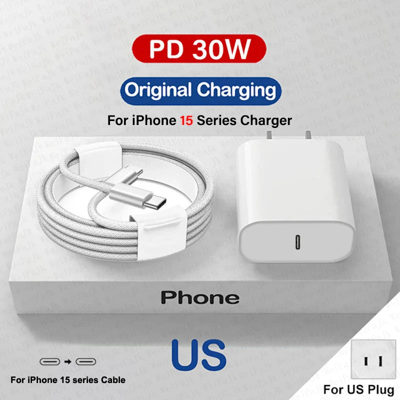 IPhone 15 series charger with USB-C cable and 30W power adapter for US plugs.