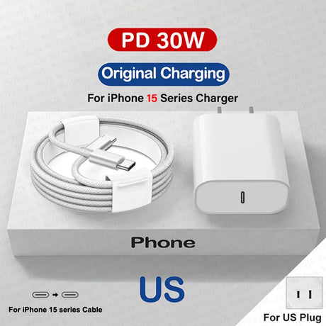 IPhone 15 series charger with USB-C cable and 30W power adapter for US plugs.