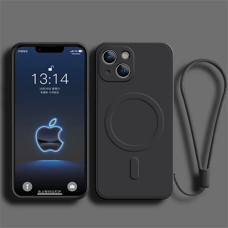 IPhone with a black protective case and wrist strap.