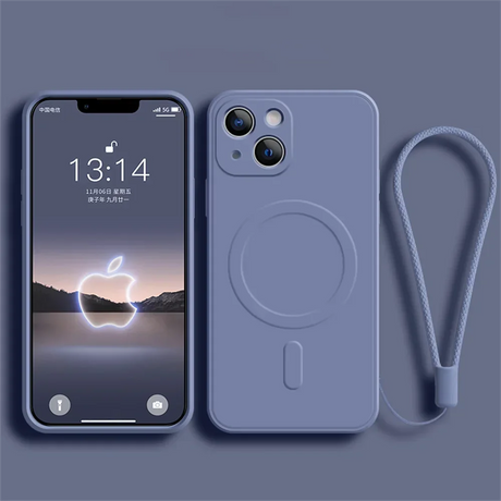 IPhone with a blue silicone case and wrist strap.