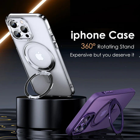 IPhone case with a 360-degree rotating stand and ring holder attachment.