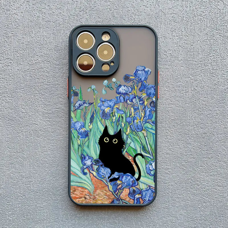 IPhone case featuring a black cat among blue irises, inspired by Van Gogh’s painting style.