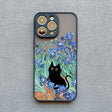 IPhone case featuring a black cat among blue irises, inspired by Van Gogh’s painting style.