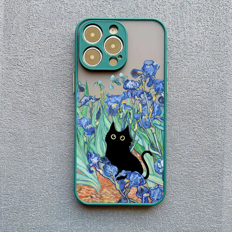 IPhone case featuring a black cat among blue irises, inspired by Van Gogh’s painting style.