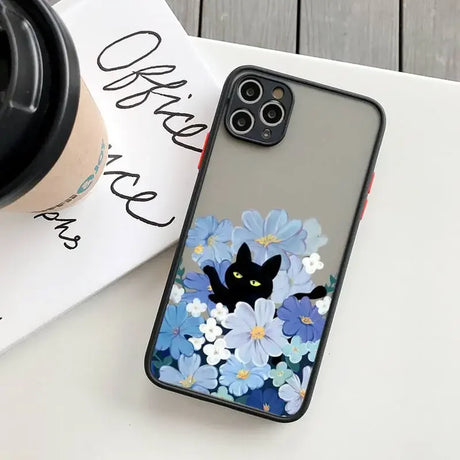 IPhone case featuring a black cat peeking out from blue and white flowers.