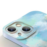 the back of an iphone case with a blue sky and clouds pattern