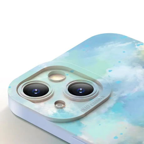 The back of an iphone case with a blue sky and clouds pattern