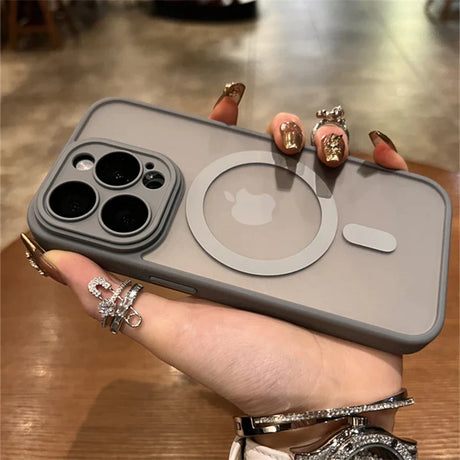 IPhone case with a built-in MagSafe charging ring and camera lens protection.