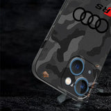 the iphone case with a cam pattern and two blue lenses