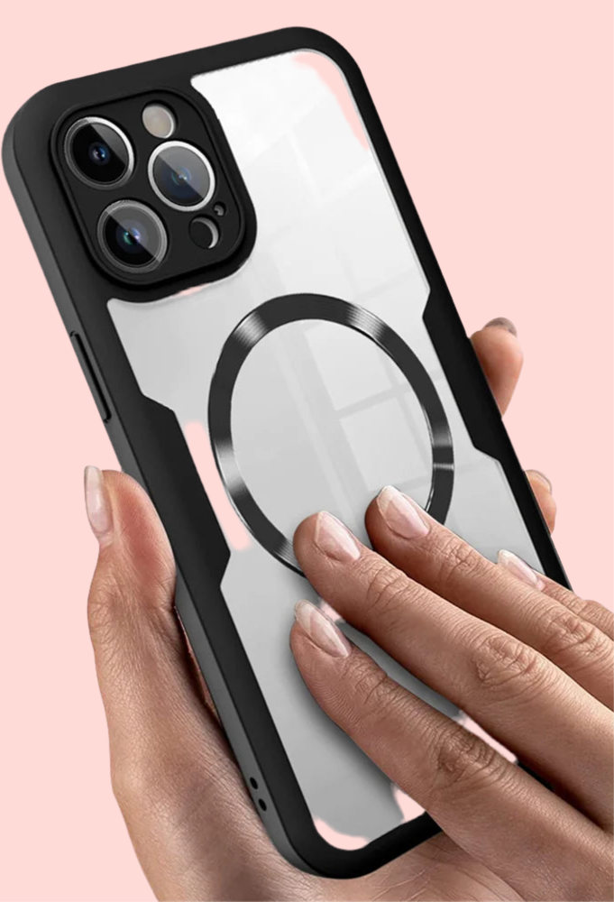 IPhone case with a circular magnetic attachment on the back, held by a hand.