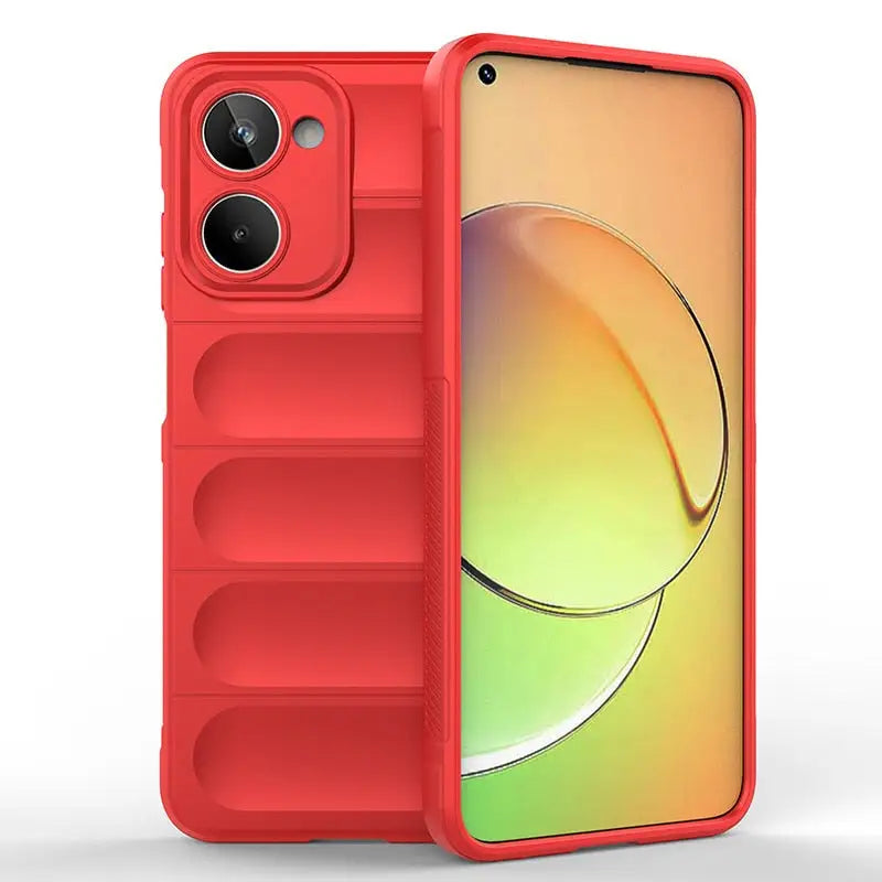 the red iphone case is shown with a circular design
