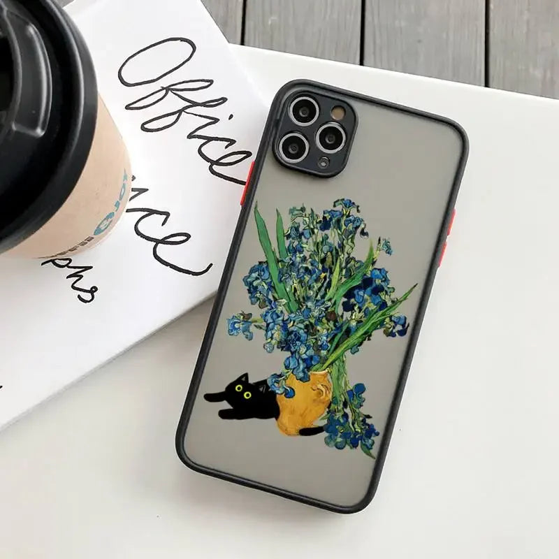 IPhone case featuring a colorful floral design with a black cat peeking out from behind a vase.