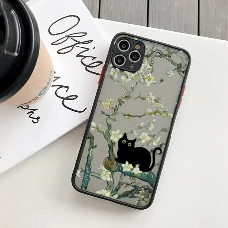 IPhone case with a decorative design featuring a black cat sitting on a flowering tree branch.