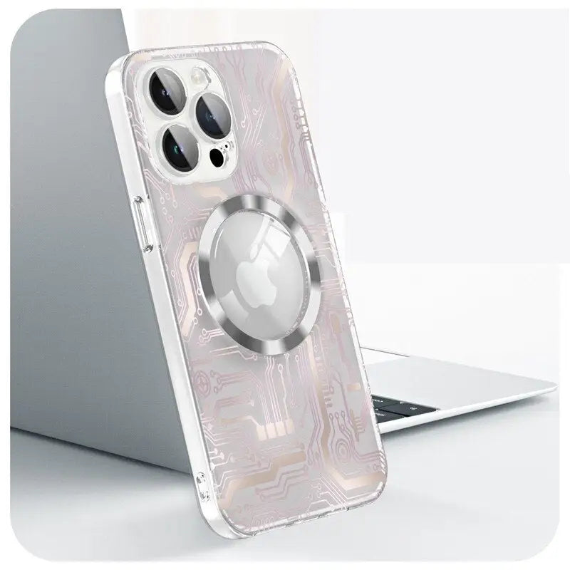 the back of a white iphone case with a silver button