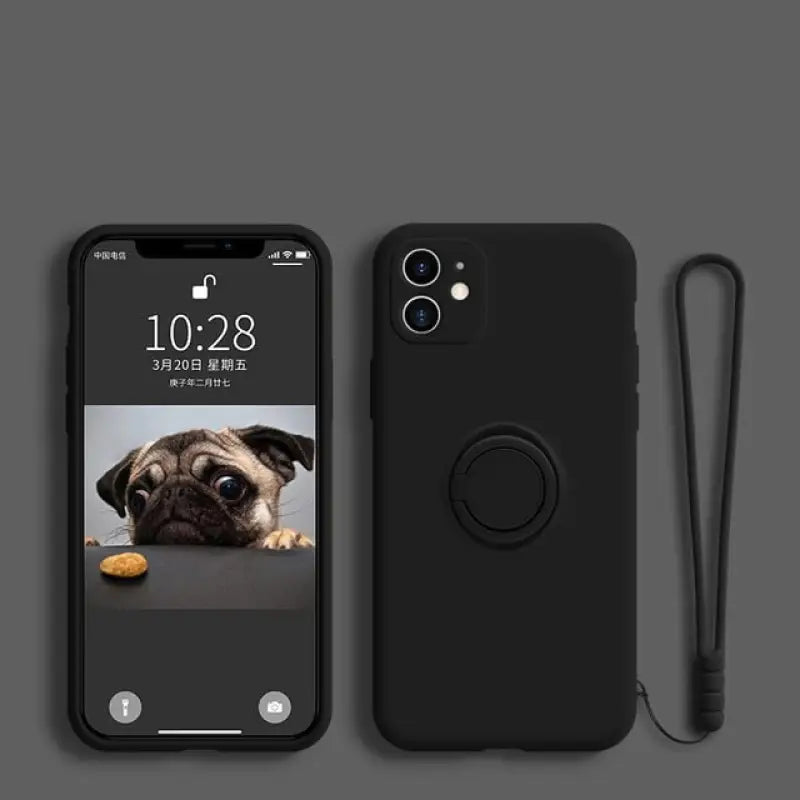 a black phone case with a dog on it