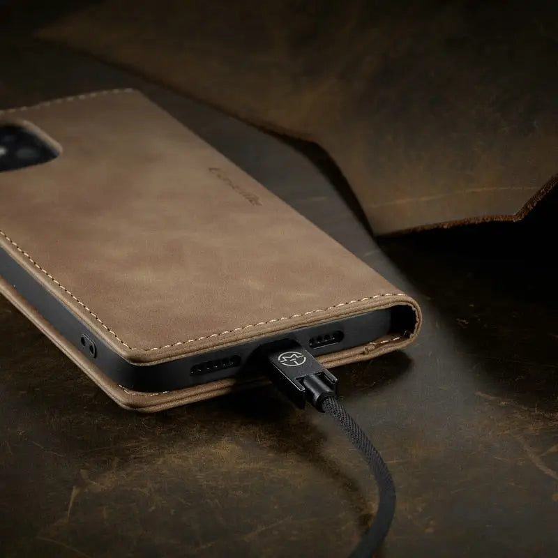 the iphone case is made from a leather material