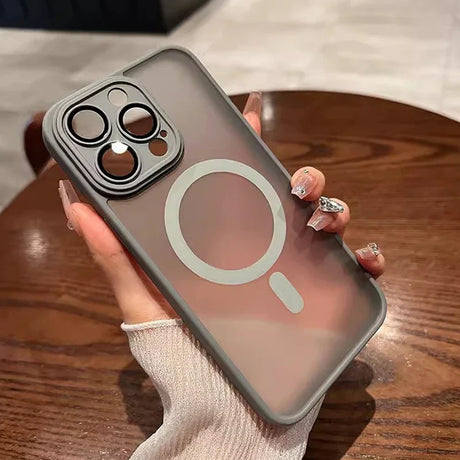 IPhone case with a magnifying glass design and prominent camera cutout.