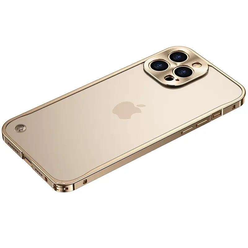 the back of an iphone case with a gold finish