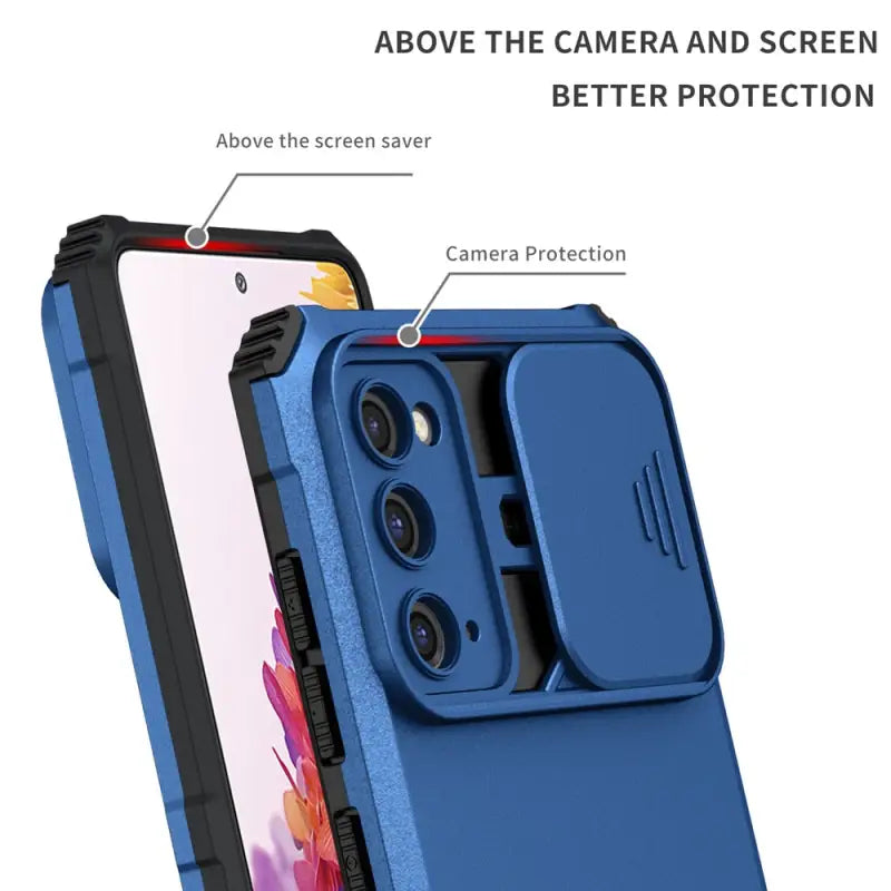 the back of a blue iphone case with a camera attached to it