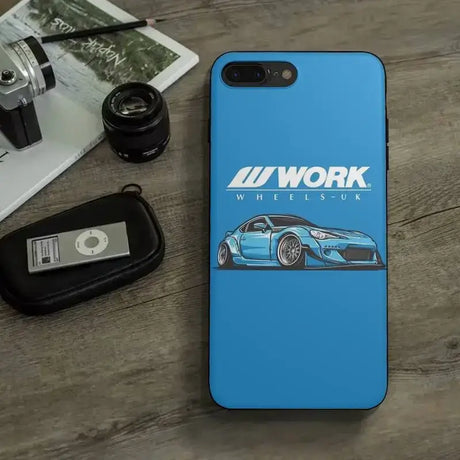 The iphone case is shown with the logo of the car