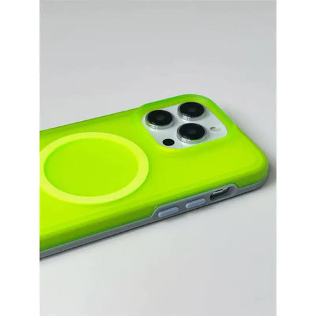 The iphone case is made from a bright green plastic material