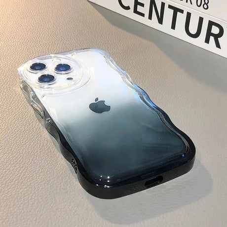 The iphone case is made from clear plastic and has a black and white ome