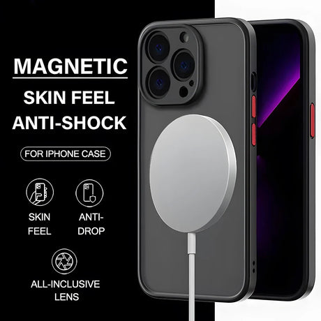 IPhone case with magnetic charging compatibility and protective features.