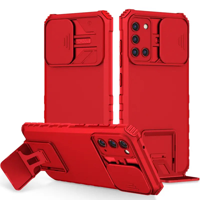the red iphone case is shown with the phone holder
