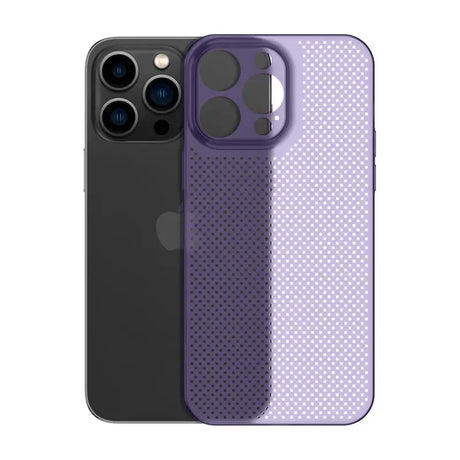 the back of an iphone case with a purple polka dot pattern