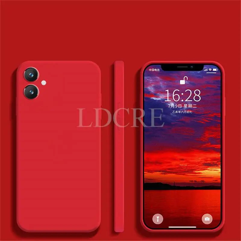 the red iphone case is shown on a red background