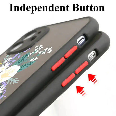 The iphone case is shown with the red button