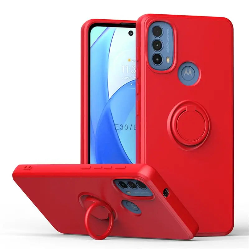 the red iphone case is shown with a ring on the back