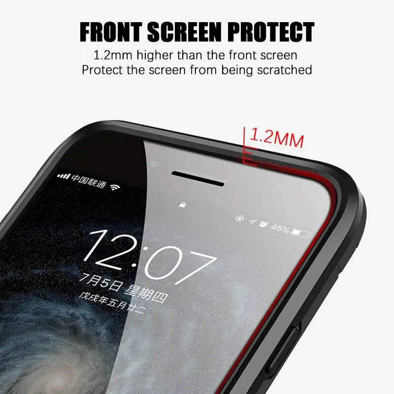 the front and back of a black iphone case with a red border
