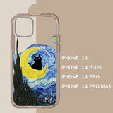 IPhone case featuring a stylized ’Starry Night’ design with a black cat silhouette on the moon.