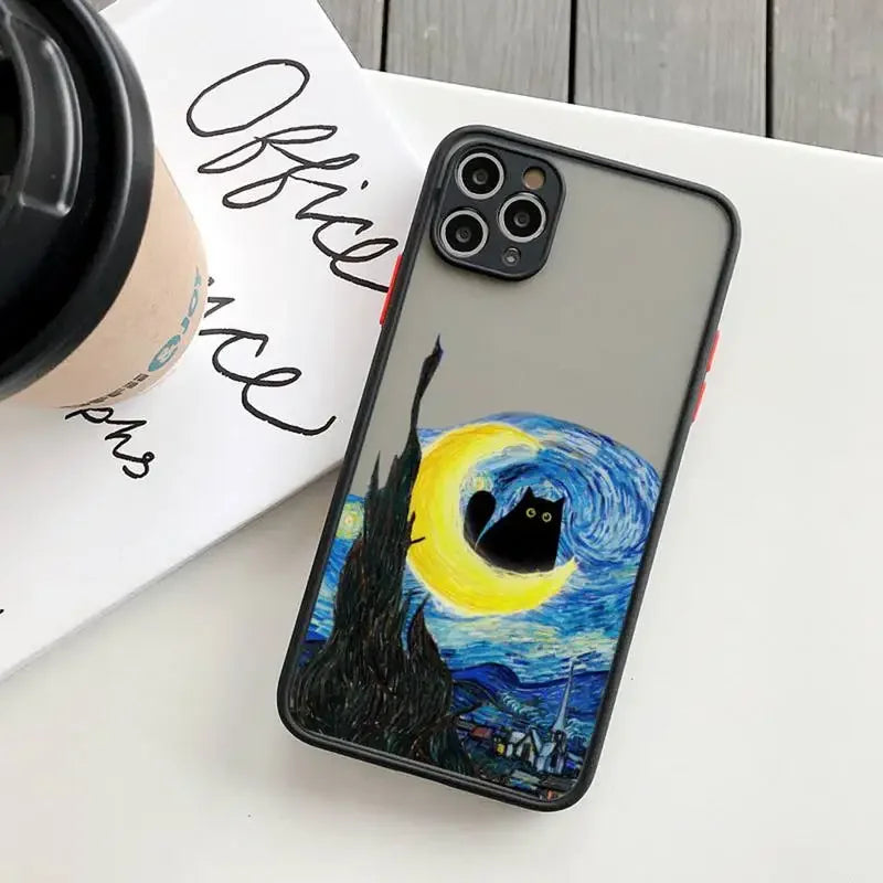 IPhone with a case featuring a stylized ’Starry Night’ painting design that includes a black cat.