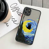 IPhone case featuring a stylized ’Starry Night’ painting with a black cat silhouette in the moon.