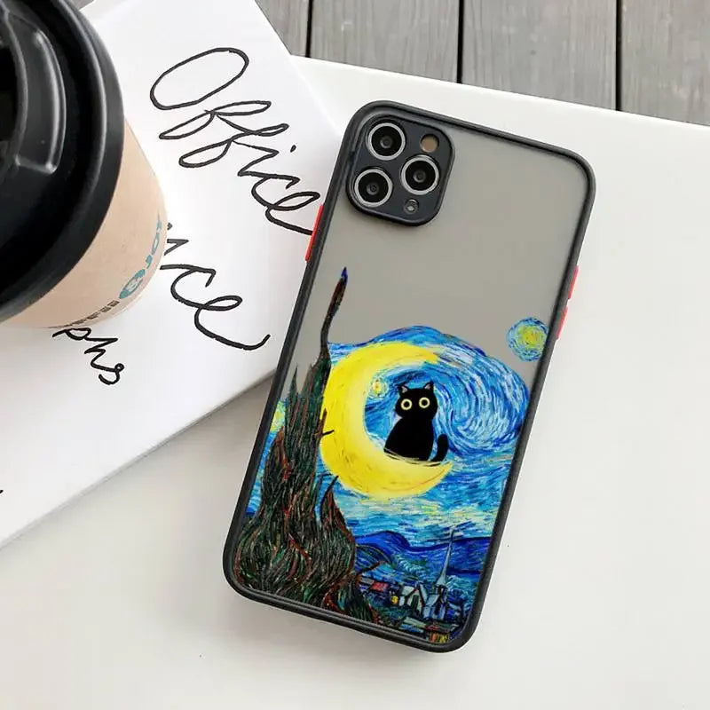 IPhone case featuring a stylized ’Starry Night’ painting with a black cat silhouette.