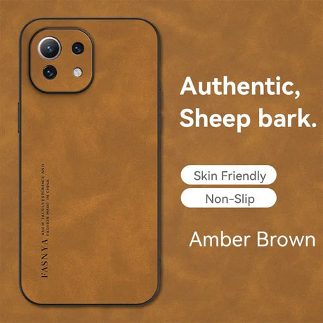 The back of an iphone case with the text, authentic, sheepskin