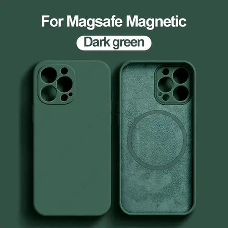 the back and front of the iphone case with the text for magne dark green