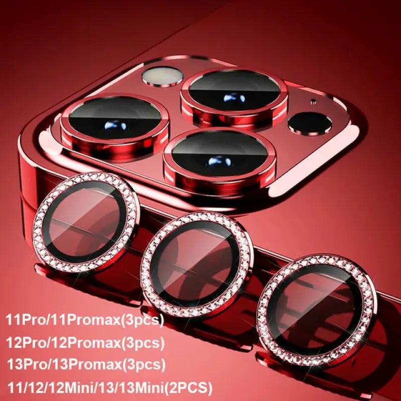 a red iphone with three round mirrors on it