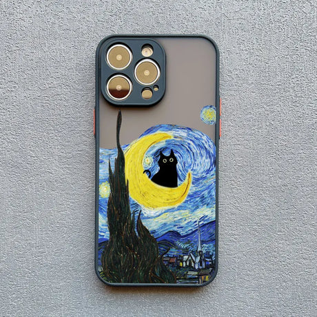 IPhone case featuring a whimsical adaptation of Van Gogh’s ’The Starry Night’ with a black cat sitting on the crescent moon.