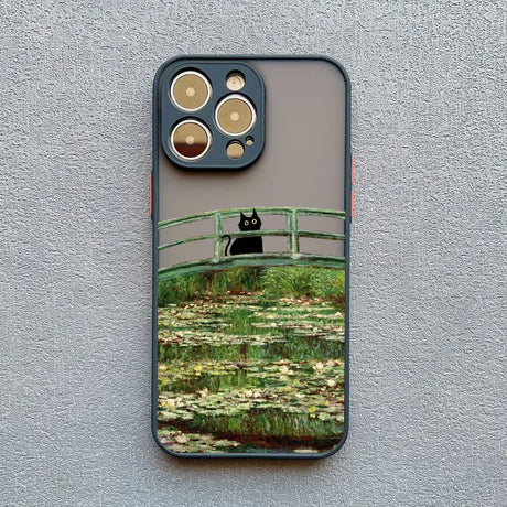 IPhone case featuring a whimsical adaptation of Monet’s water lilies painting with a black cat on the bridge.